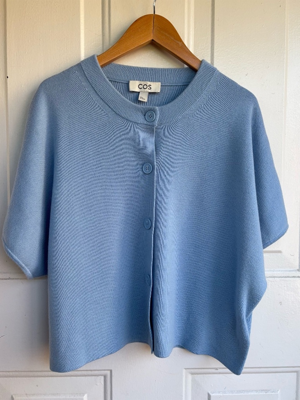 COS Womens M 100% Wool Blue Short Sleeve Button Cardigan Boxy Knit Sweater